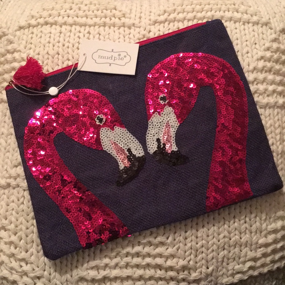 NWT! Mud Pie Navy & Pink Flamingo 🦩 Linen Clutch